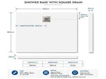 SMC Shower Base 800x800mm Square Drain
